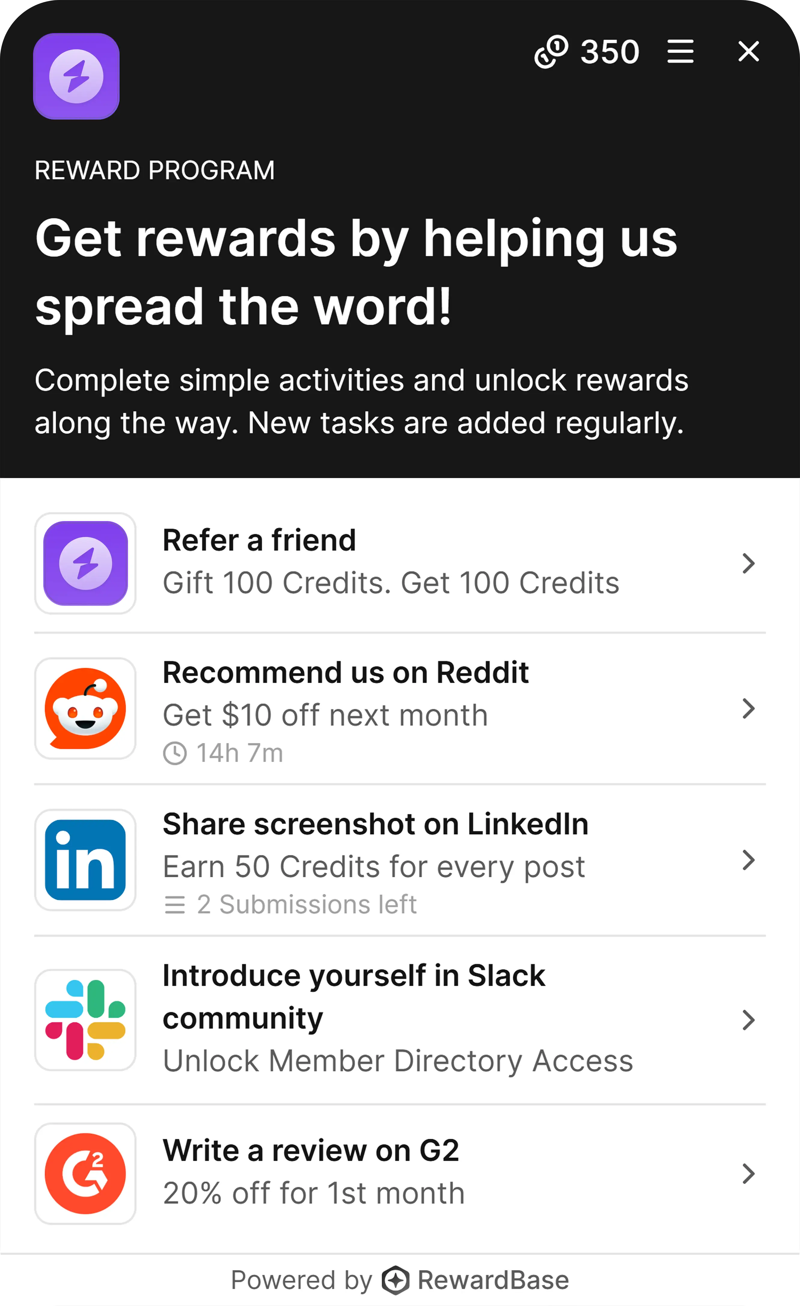 RewardBase widget on mobile